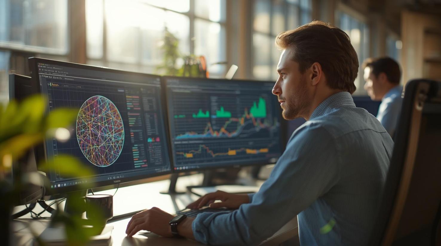 Financial analyst studying blockchain networks on monitors inside bright modern office workspace.